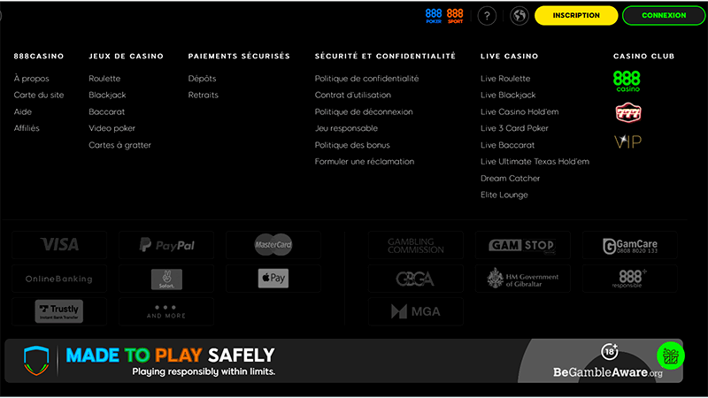 Image du pied de page du site du casino 888