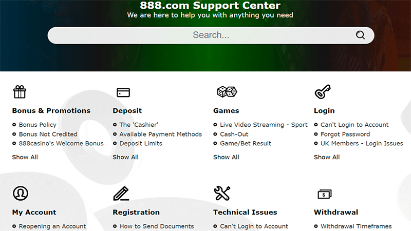 Page de service au client 888casino