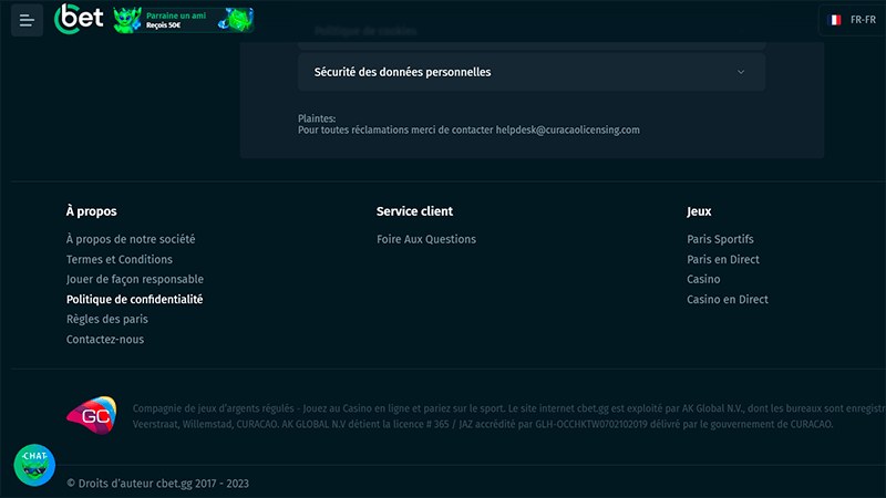 Securité licences et termes et conditions au cbet casino