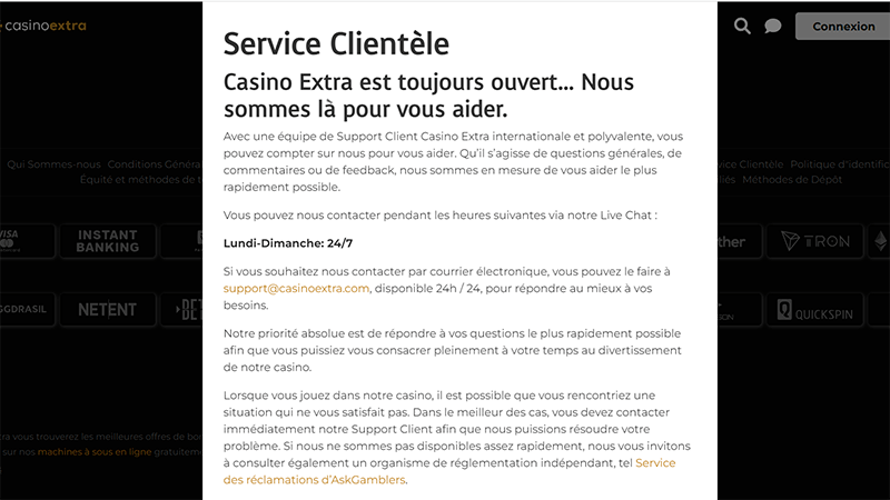 Service de client de casino extra