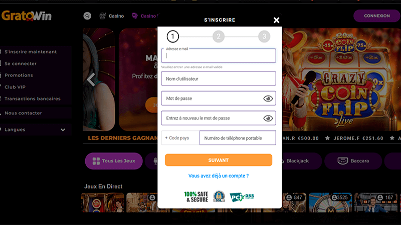 Formulaire de compte au gratowin casino en ligne