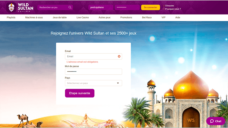 Formulaire de compte au wild sultan casino