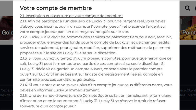 Conditions de compte de lucky31 casino