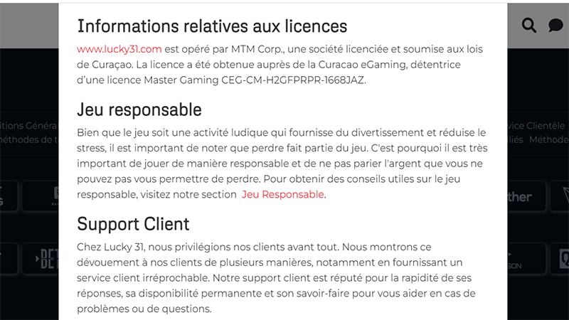 Informations license de lucky31 casino