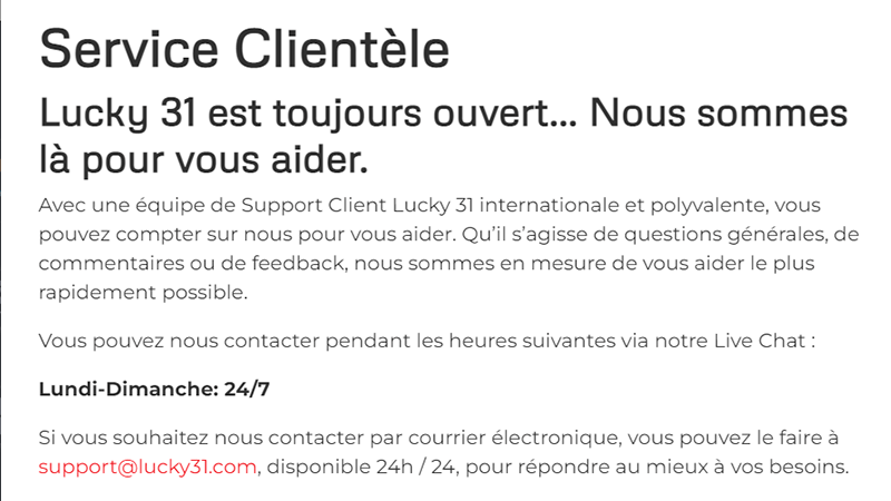 Page service clientèle de casino lucky31