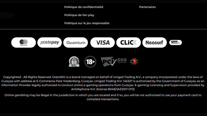 Pied de page avec toutes les dispositions légales et les licences de Gratowin