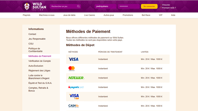 Paiements de wild sultan casino