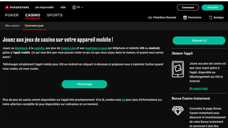 Page de téléchargement de l'application de casino en ligne Pokerstars