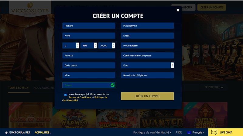 Formulaire compte au viggoslots casino