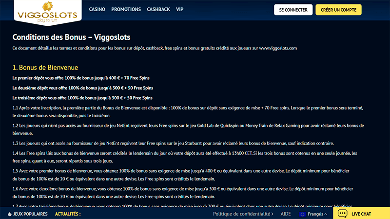 Viggoslots bonus de bienvenue conditions générales