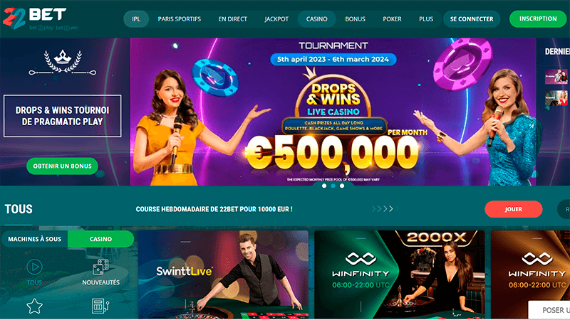 Page principale des bonus de 22bet casino