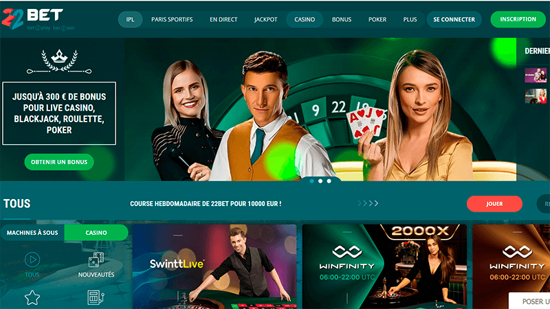 Page principale des bonus de 22bet casino