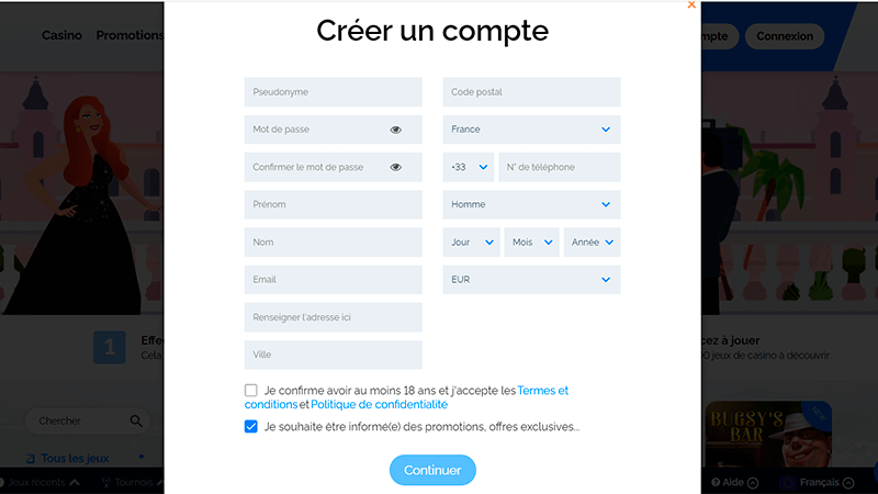 Page Créer un compte azur casino