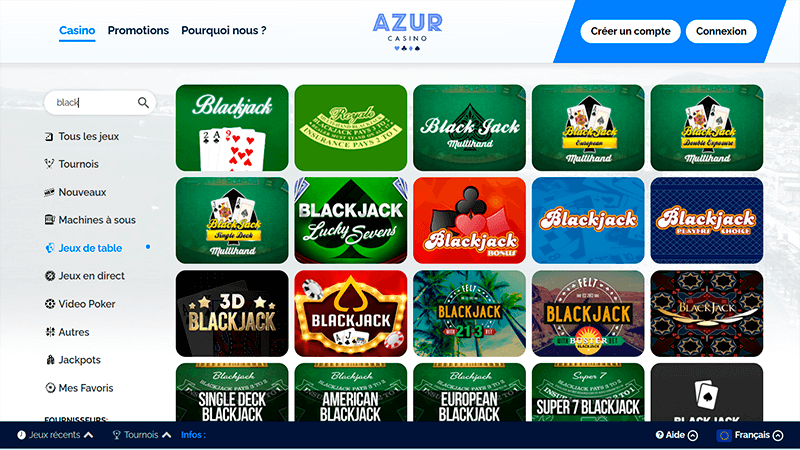 Page de blackjack de azur casino