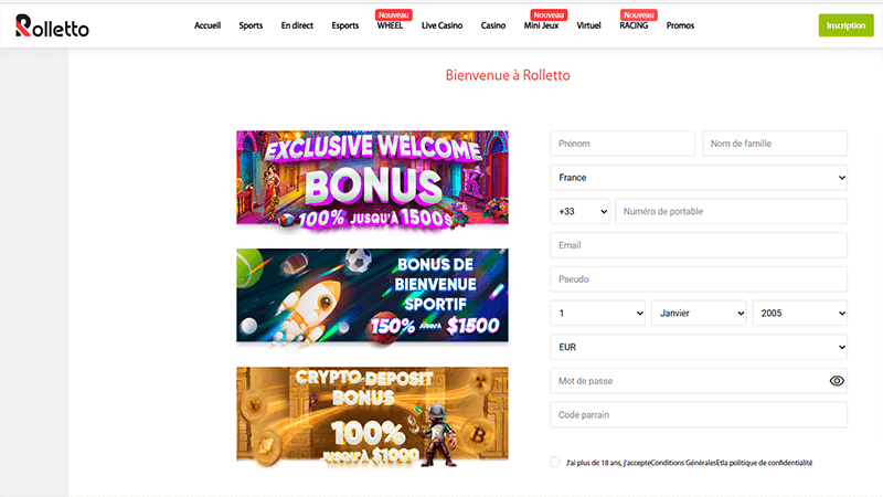 Formulaire de compte de rolletto casino