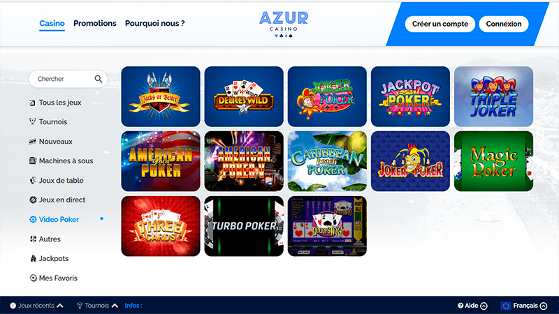 Page de video poker de azur casino