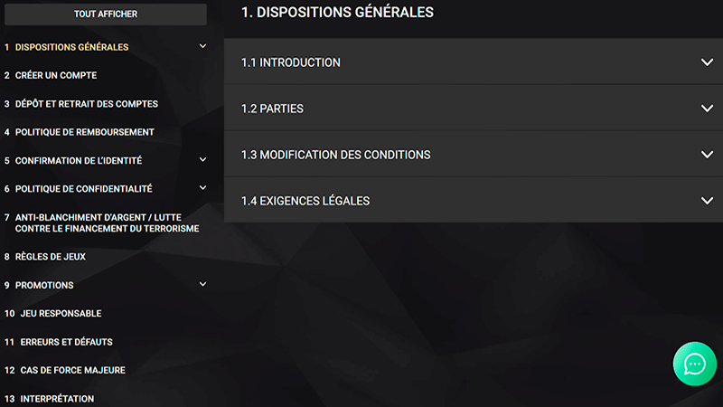 Page d'informations légales 1xslots casino