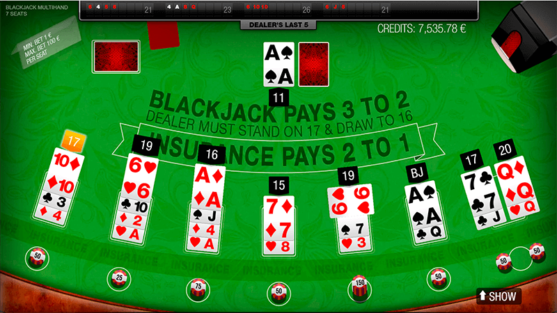 Multihand Blackjack jeux en ligne 