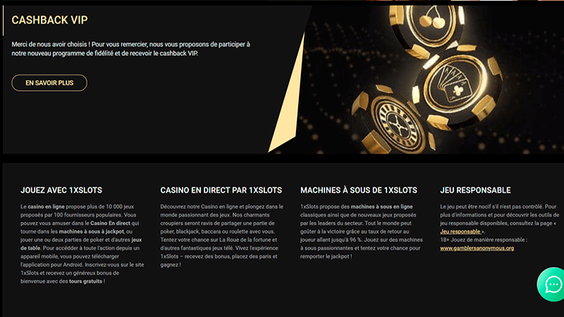 Promo cashback vip au 1xslots casino