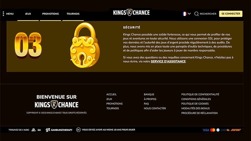 Page de infromation de securité kings chance casino