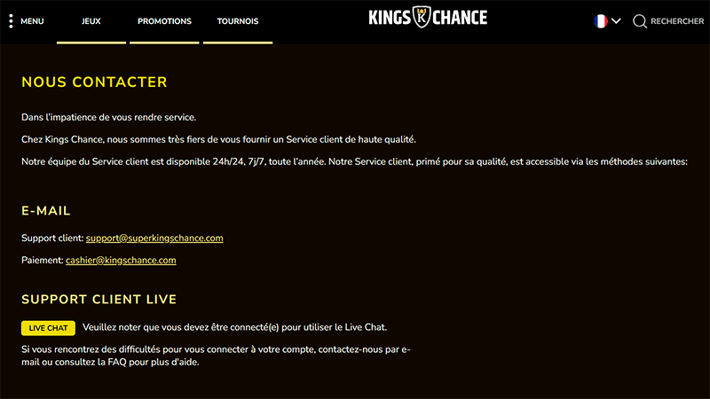 Support au client kings chance casino